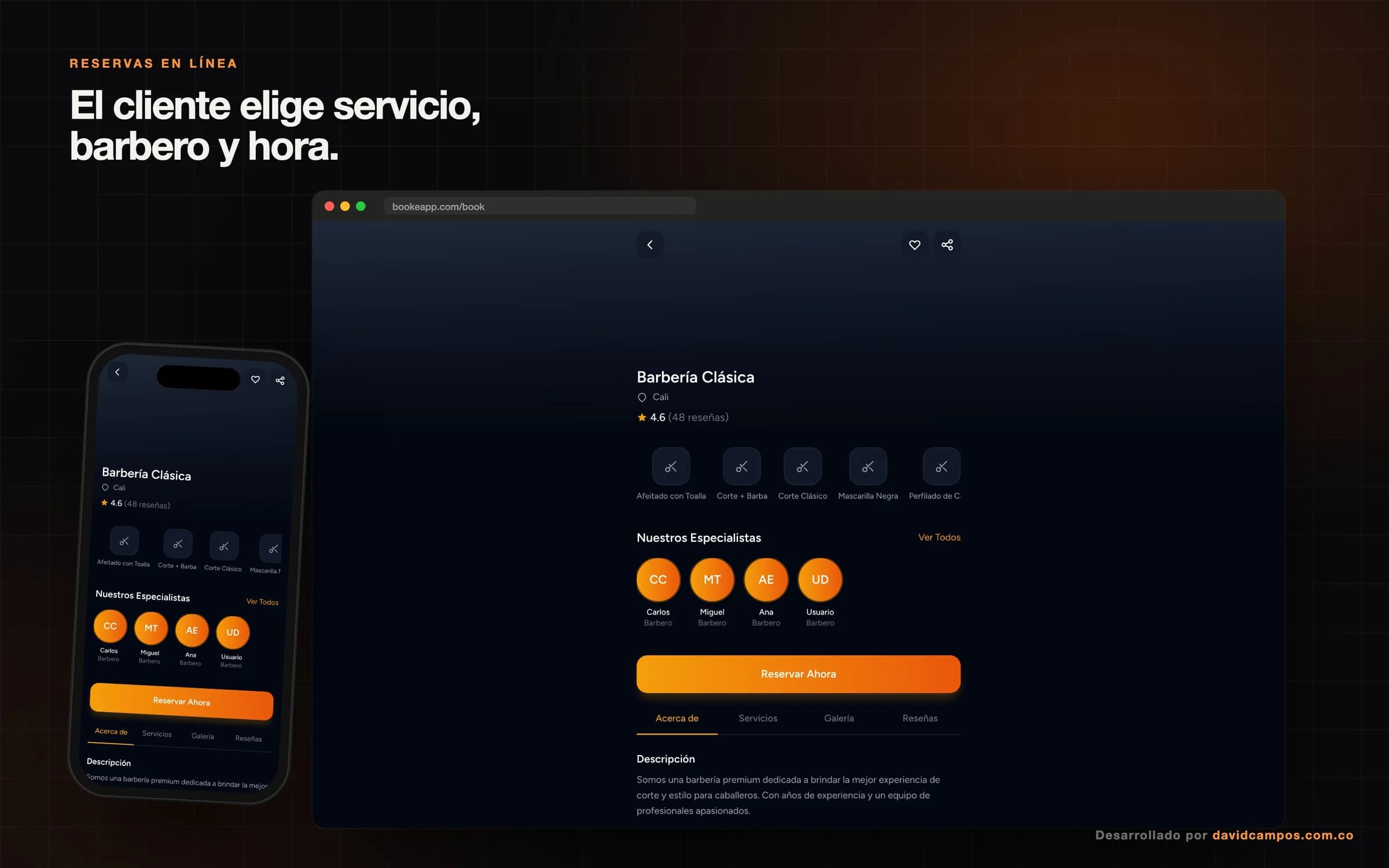 Página de reservas del negocio, donde el cliente elige servicio, especialista y hora desde el celular.