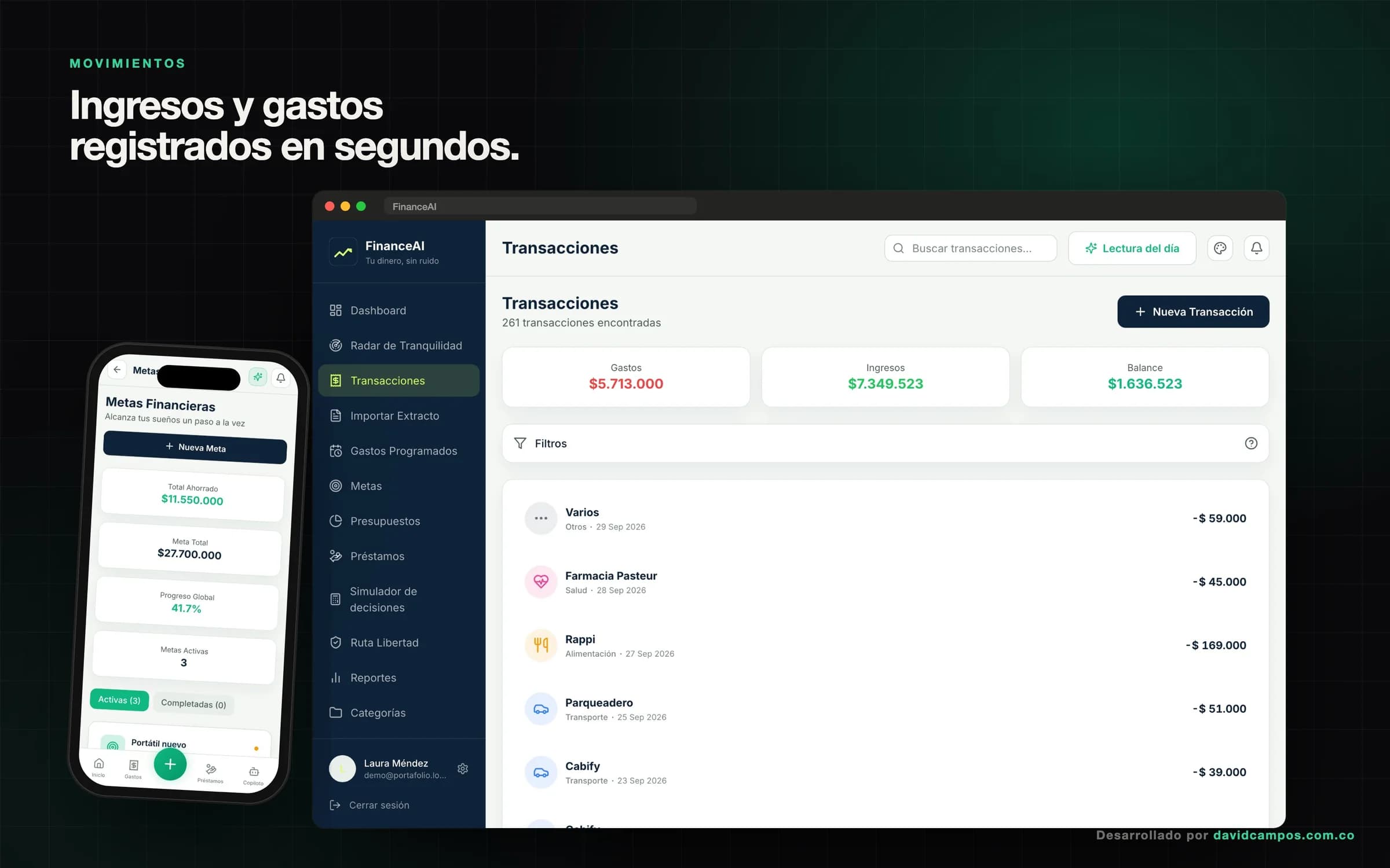 Lista de ingresos y gastos con filtros, y las metas de ahorro en el celular.