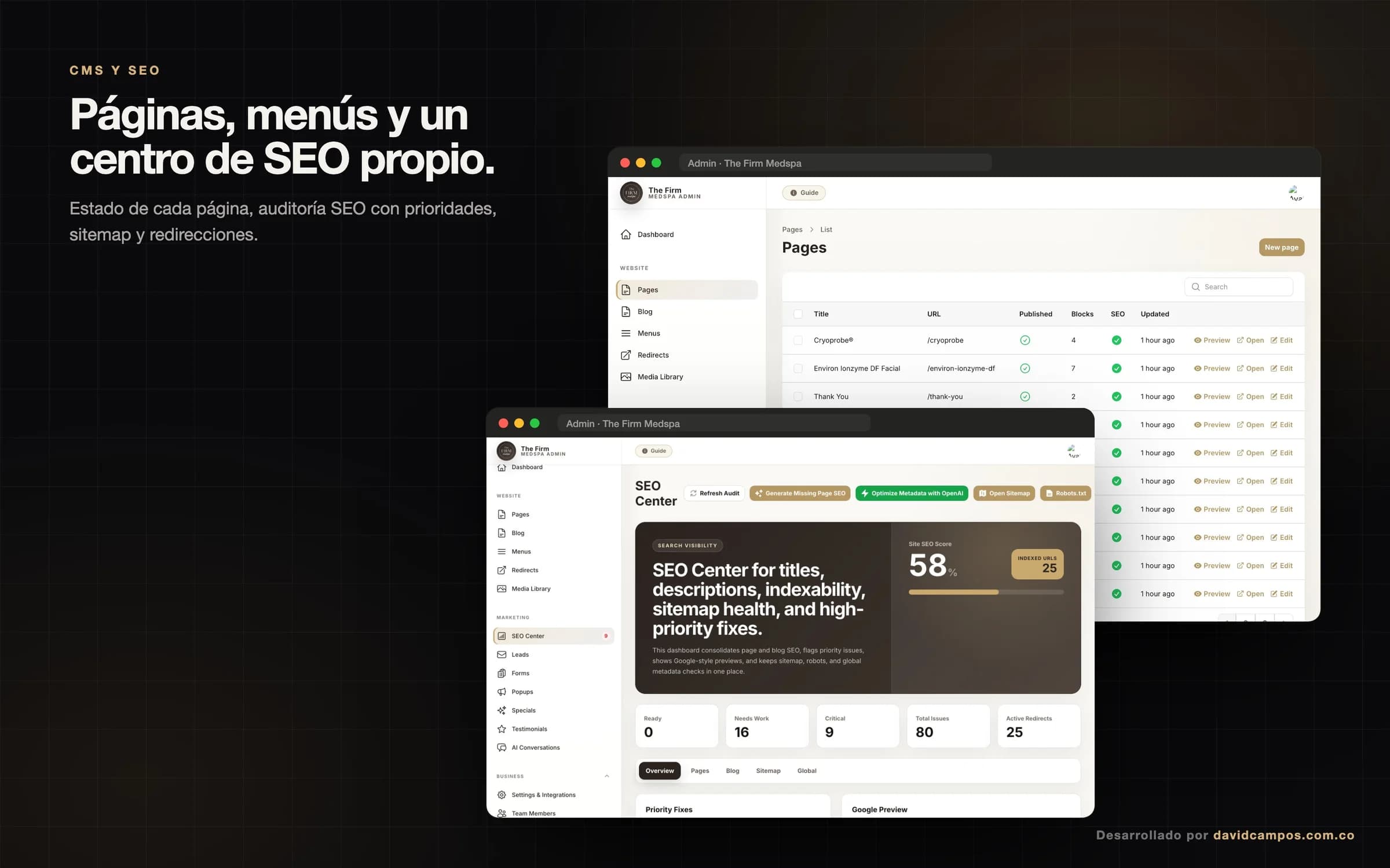 Listado de páginas con su estado y el centro de SEO con puntaje y prioridades.