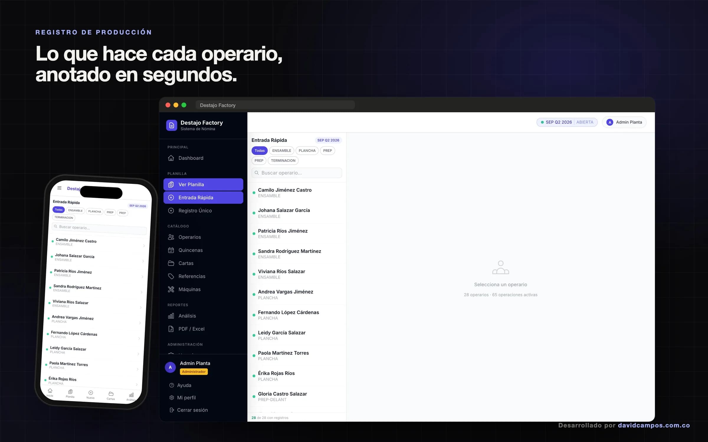 Registro rápido de producción por operario, filtrado por área, en computador y celular.