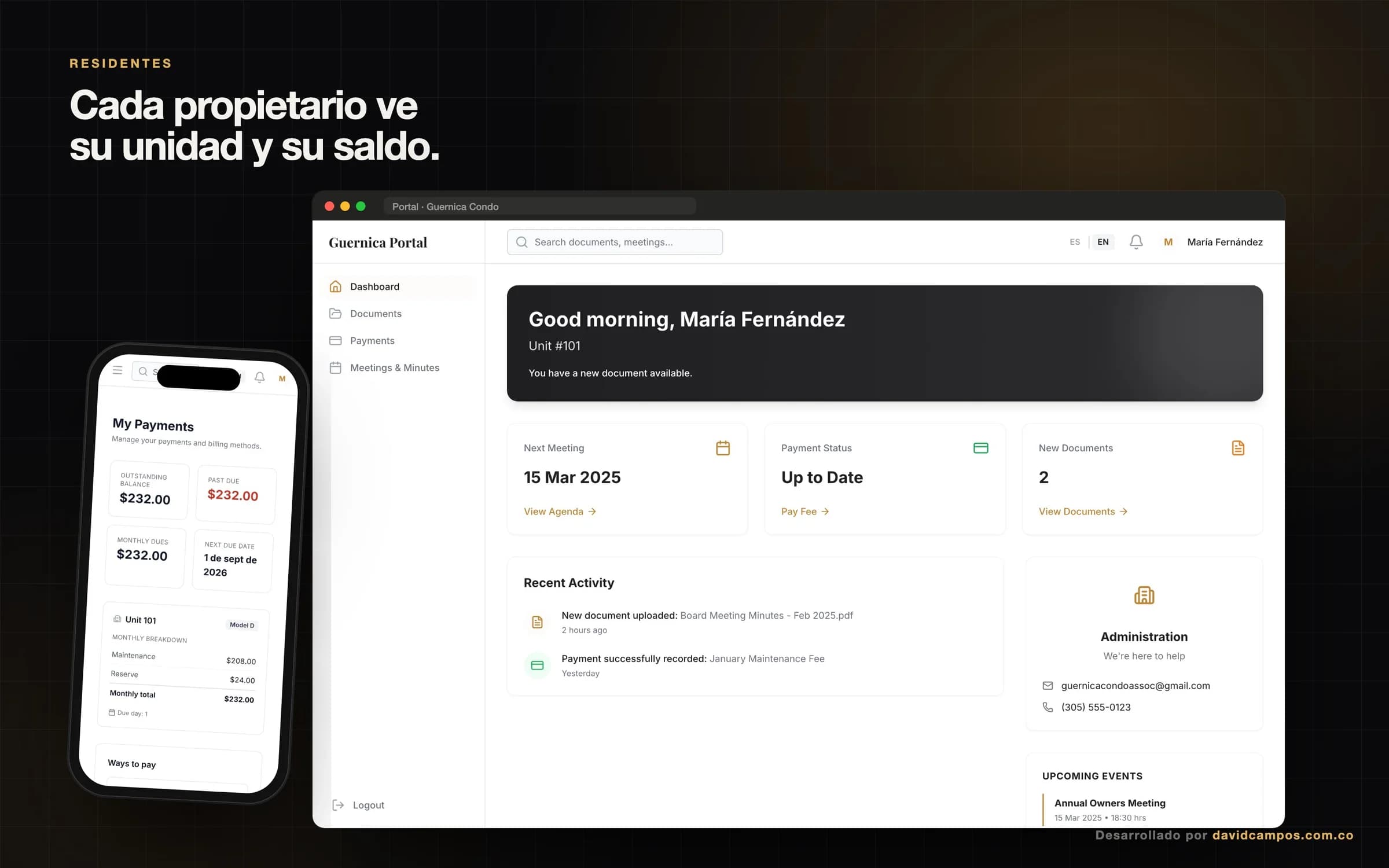 Tablero del residente con su unidad, estado de pago, próxima reunión y documentos nuevos.