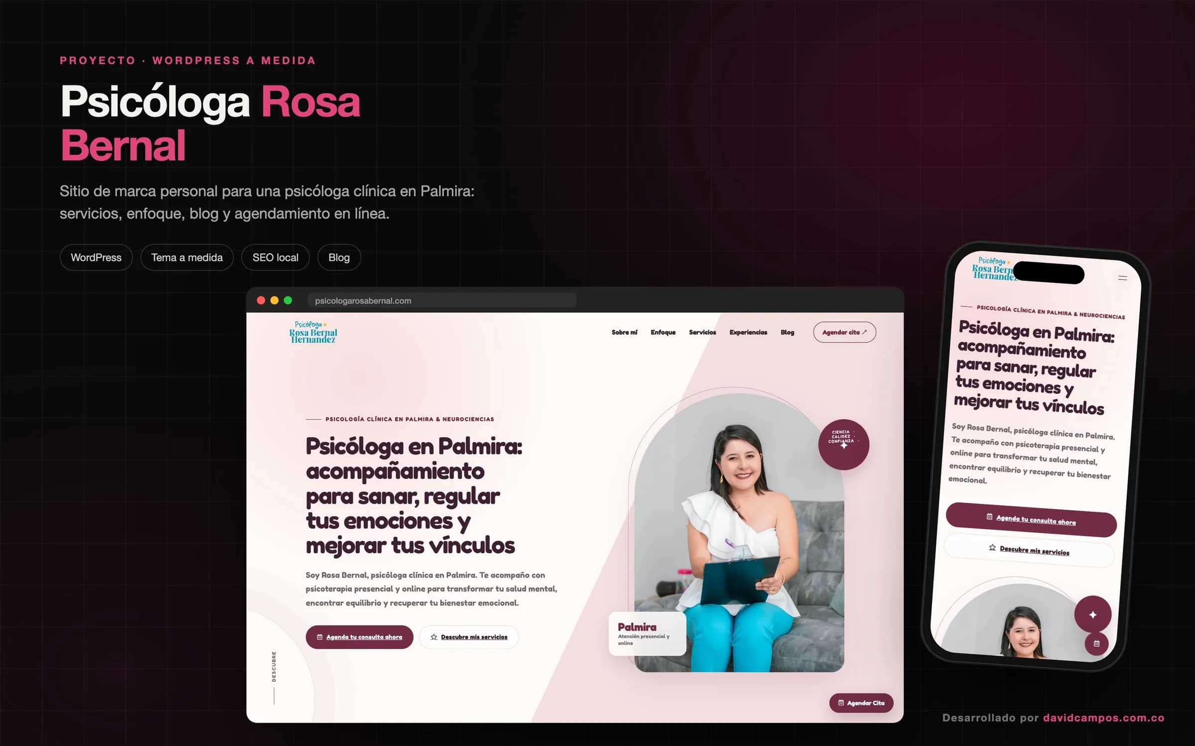 Sitio de la psicóloga Rosa Bernal en computador y celular: psicología clínica en Palmira, presencial y en línea.