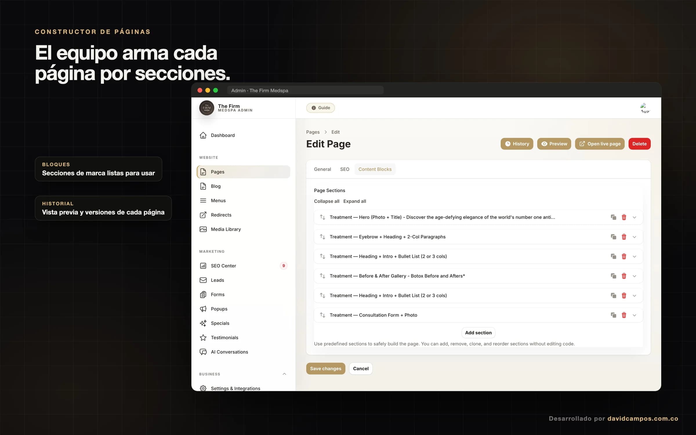 Constructor de páginas del CMS: cada página se arma con secciones de marca que el equipo reordena.