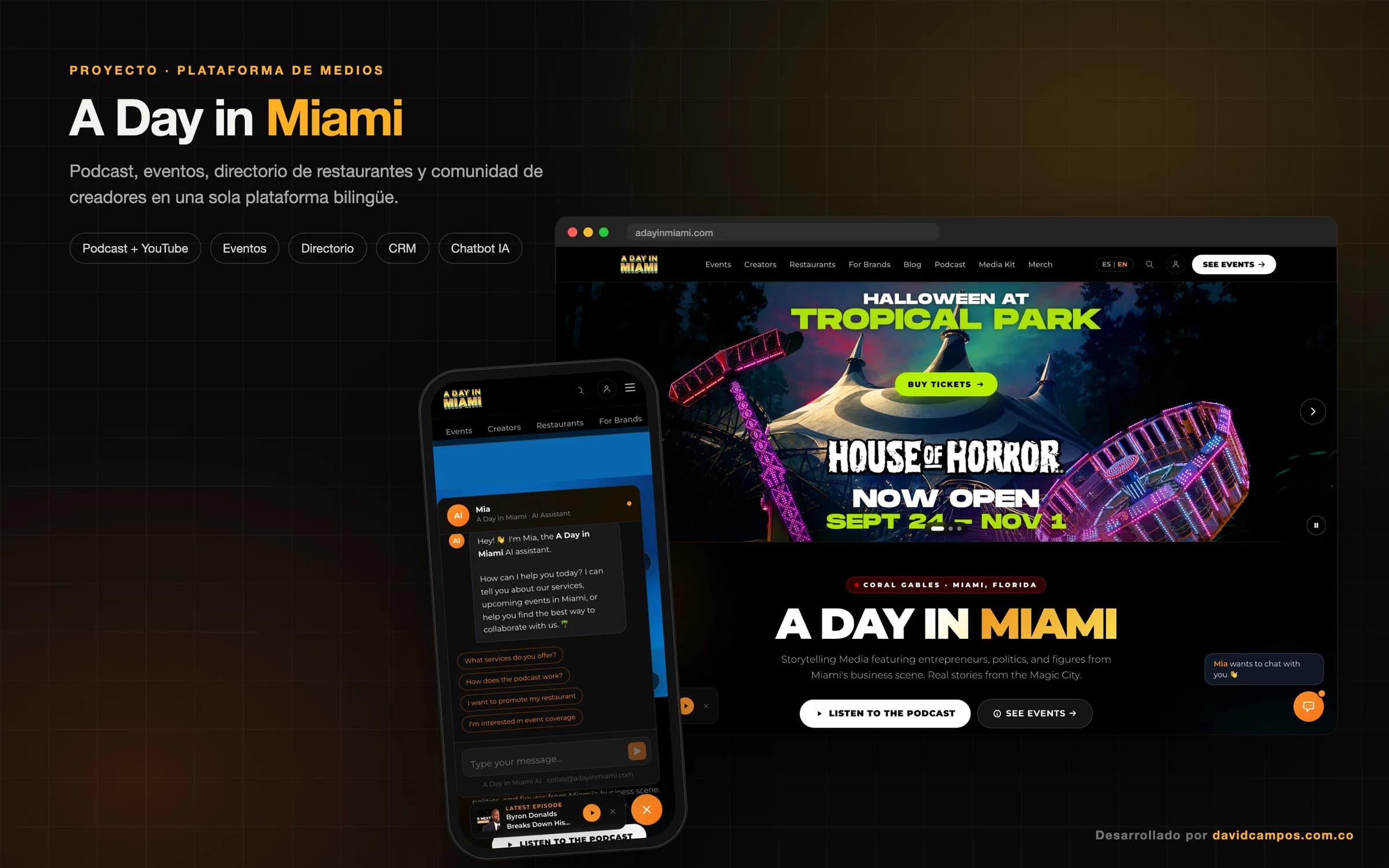 A Day in Miami: sitio de la plataforma y el chatbot Mia en el celular