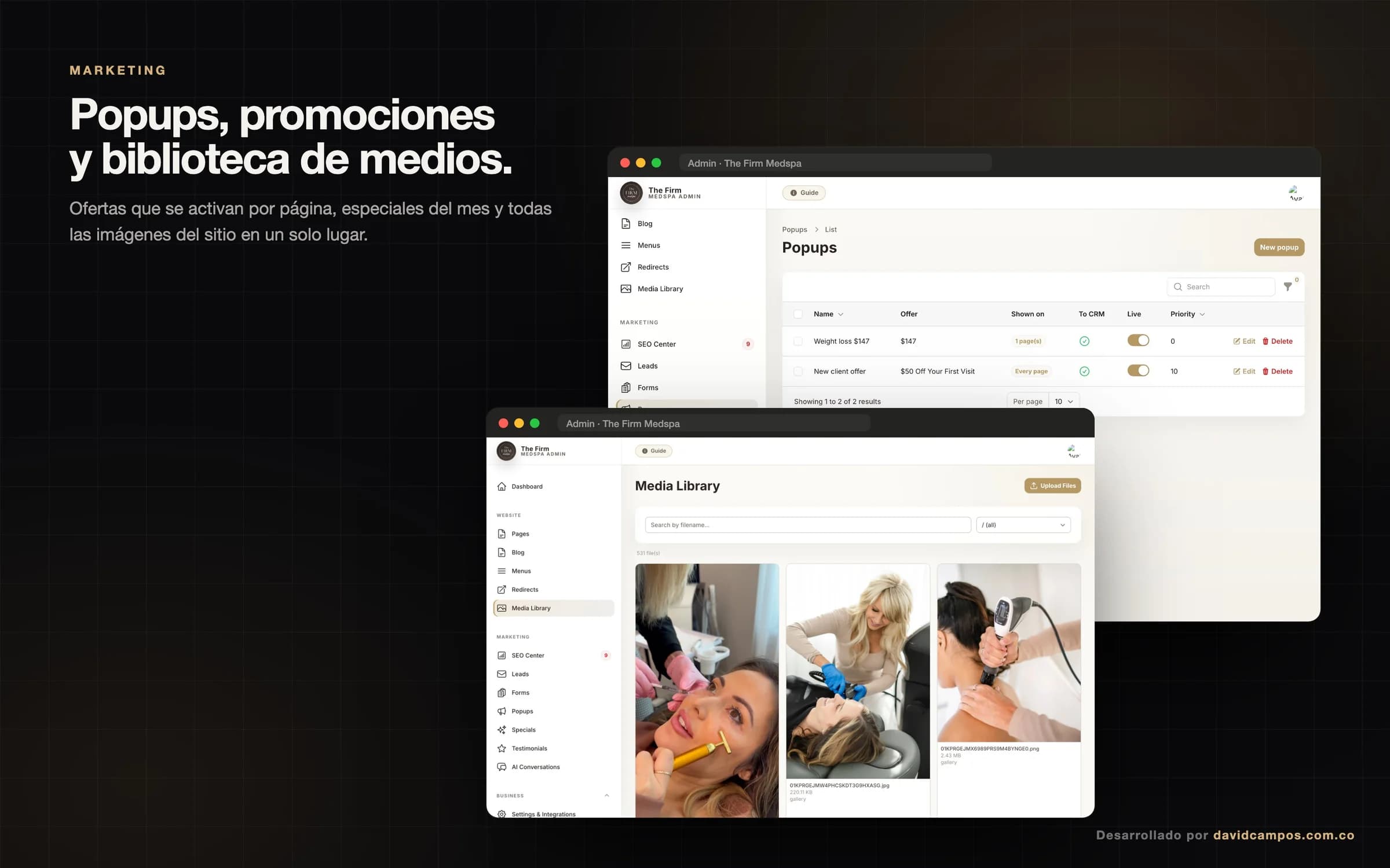 Popups por página y biblioteca de medios del sitio.