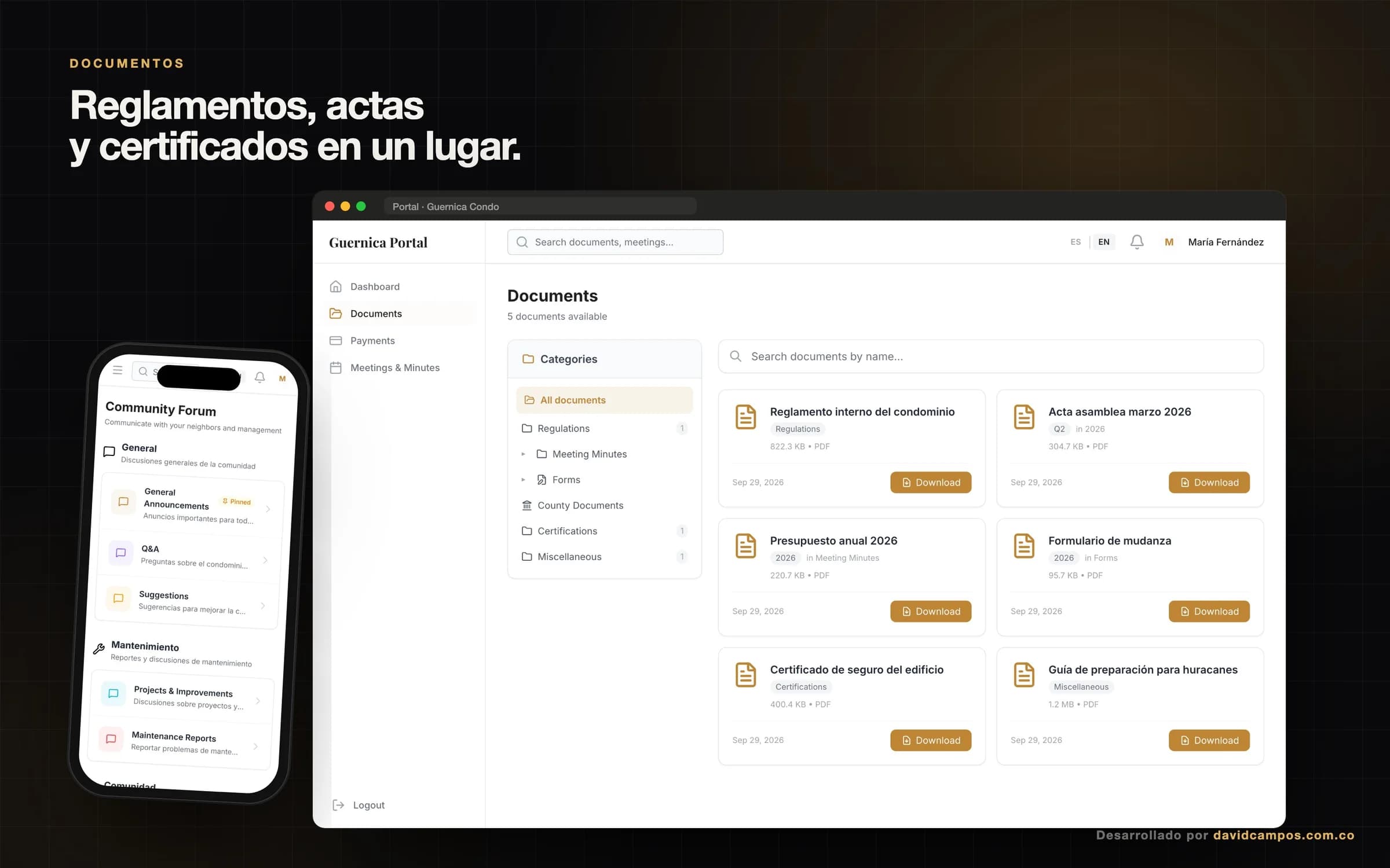 Biblioteca de documentos del condominio por categoría: reglamentos, actas, formularios y certificados.