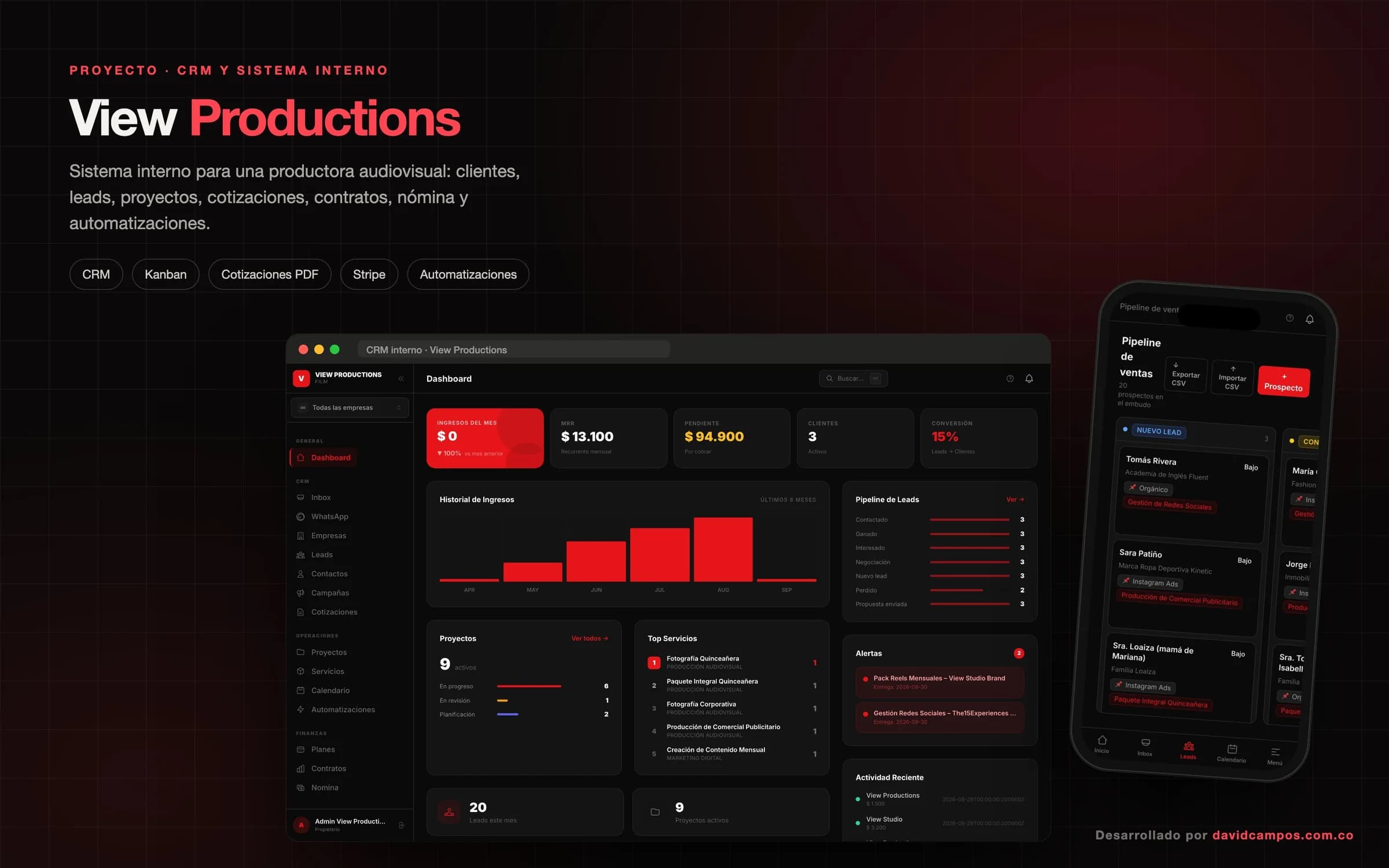 CRM de View Productions: panel con ingresos, pipeline de leads, proyectos y alertas, y el pipeline en el celular