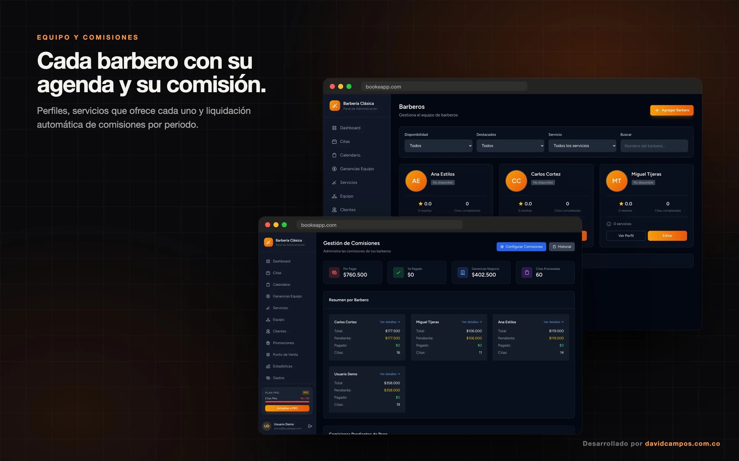 Equipo de barberos con sus servicios y la liquidación de comisiones por barbero.