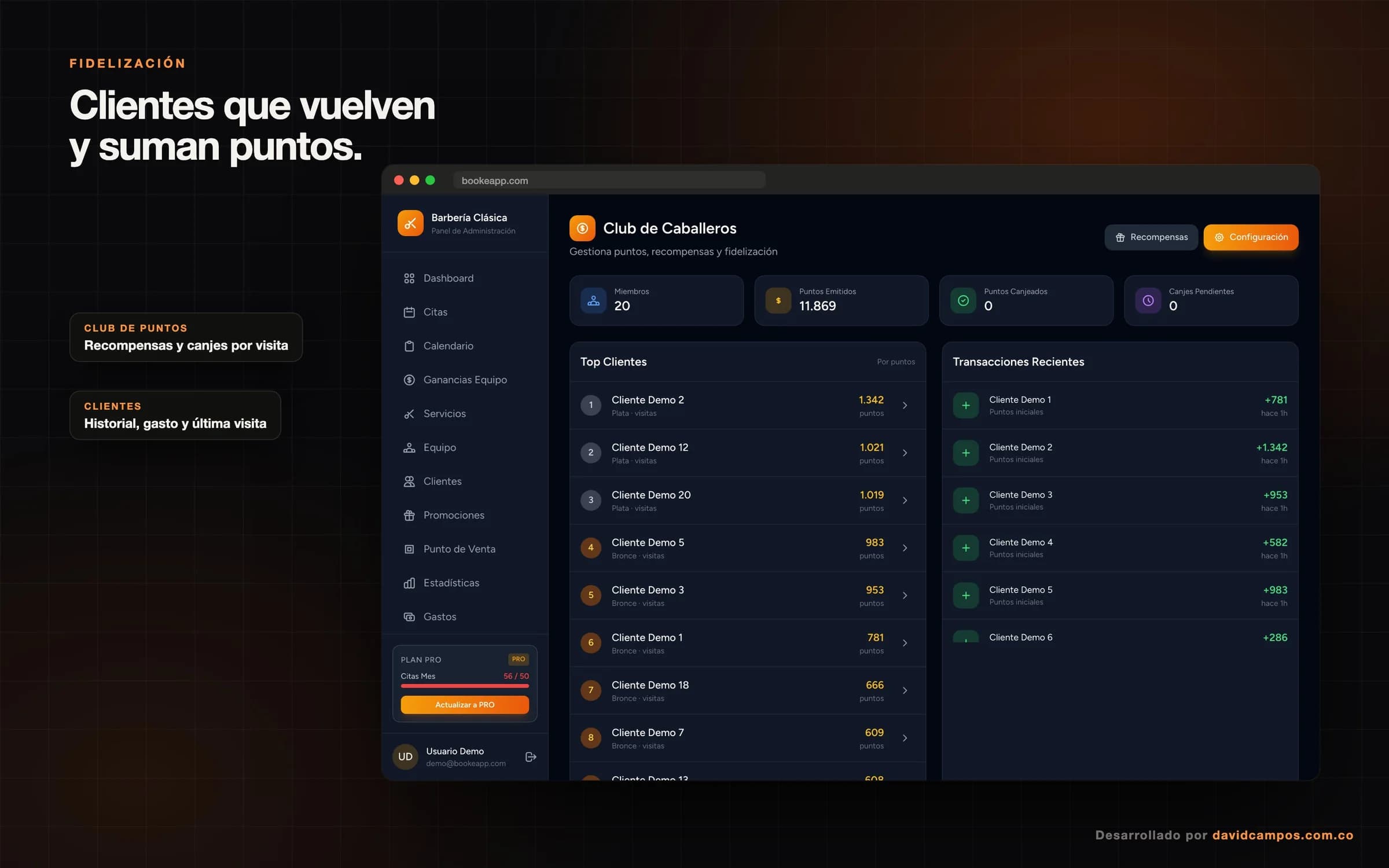 Club de fidelización con puntos por cliente, recompensas y transacciones recientes.