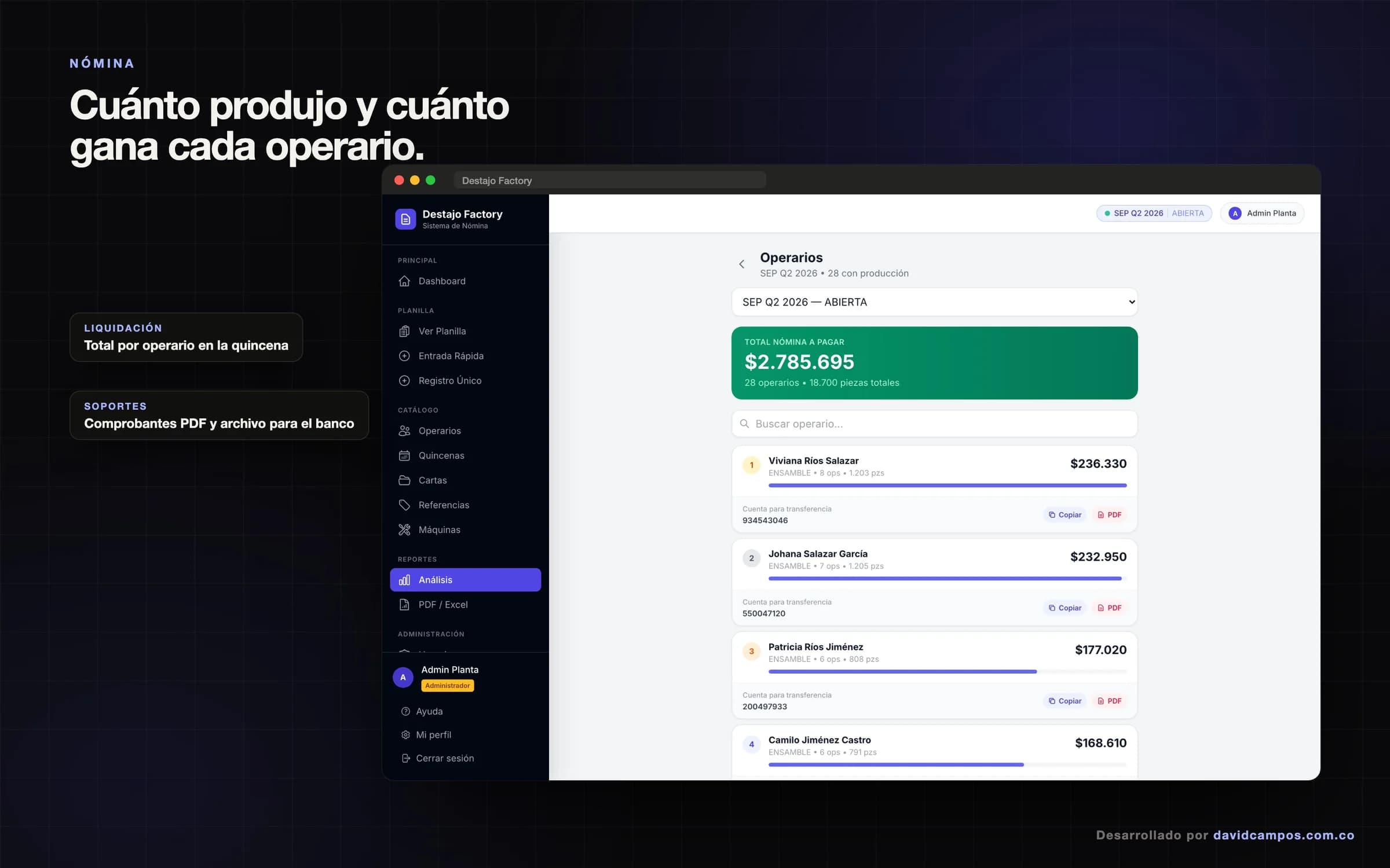 Liquidación de la quincena por operario con lo producido y el total a pagar.