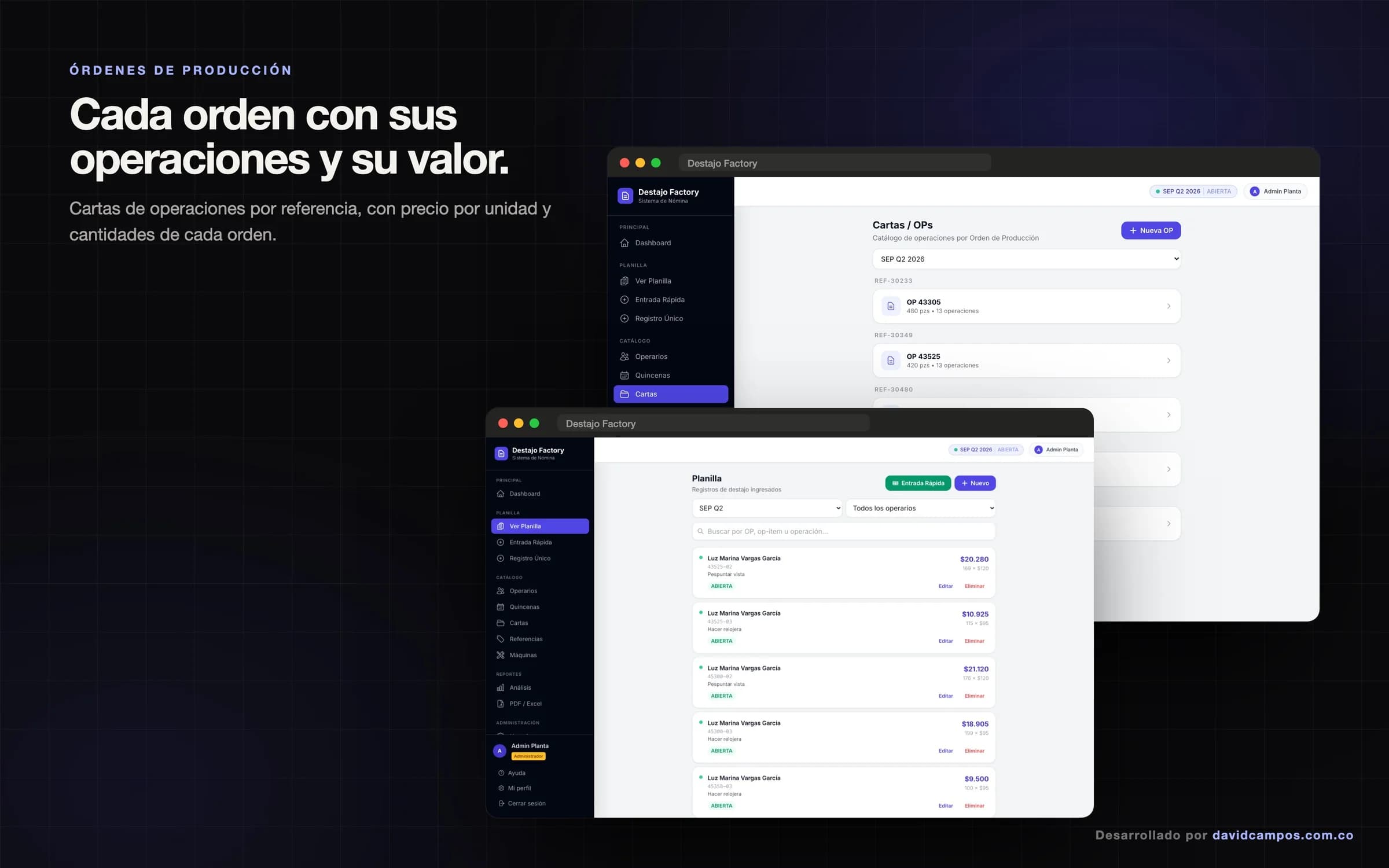Órdenes de producción con sus operaciones y la planilla de registros por operario.