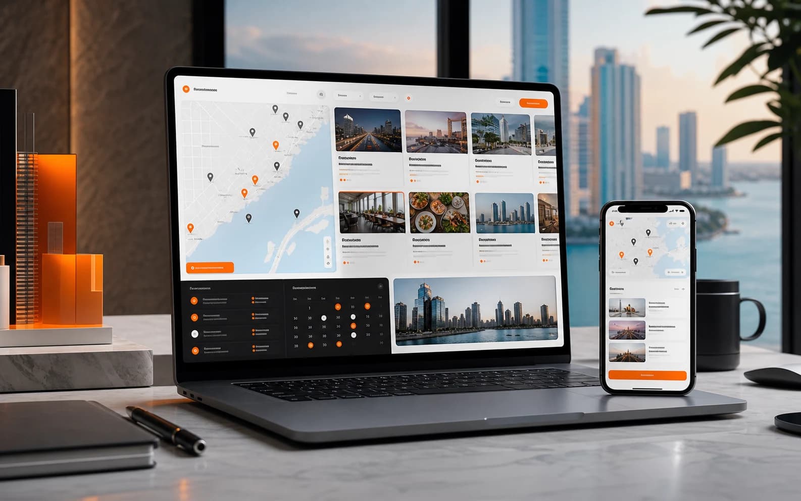 Mockup de plataforma web Aday in Miami con mapa, contenidos y experiencia responsive