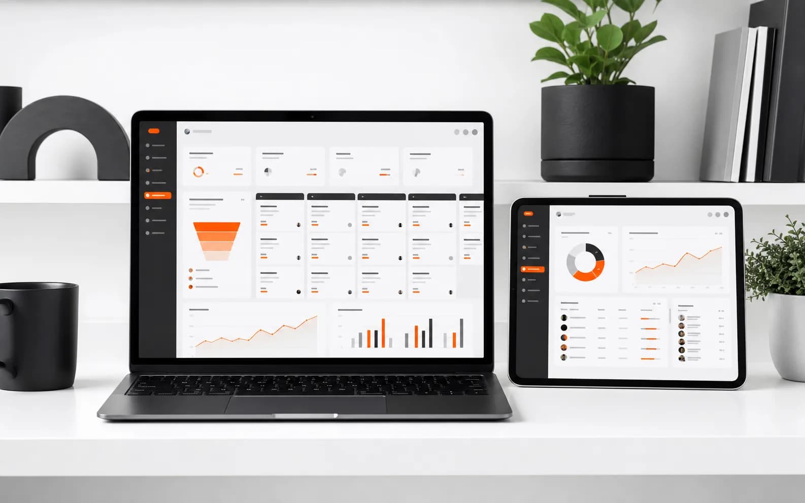 Mockup de plataforma CRM con dashboards y pipeline comercial