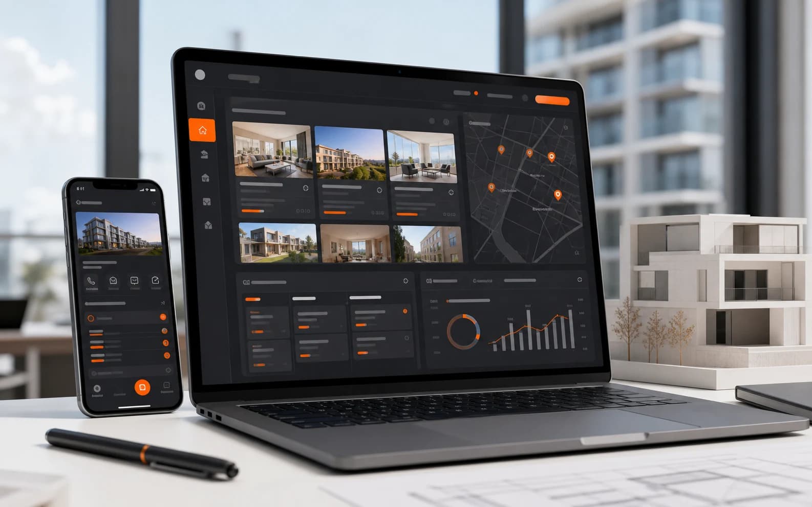 Mockup de Mudate.cloud como CRM inmobiliario con propiedades, mapa y analítica