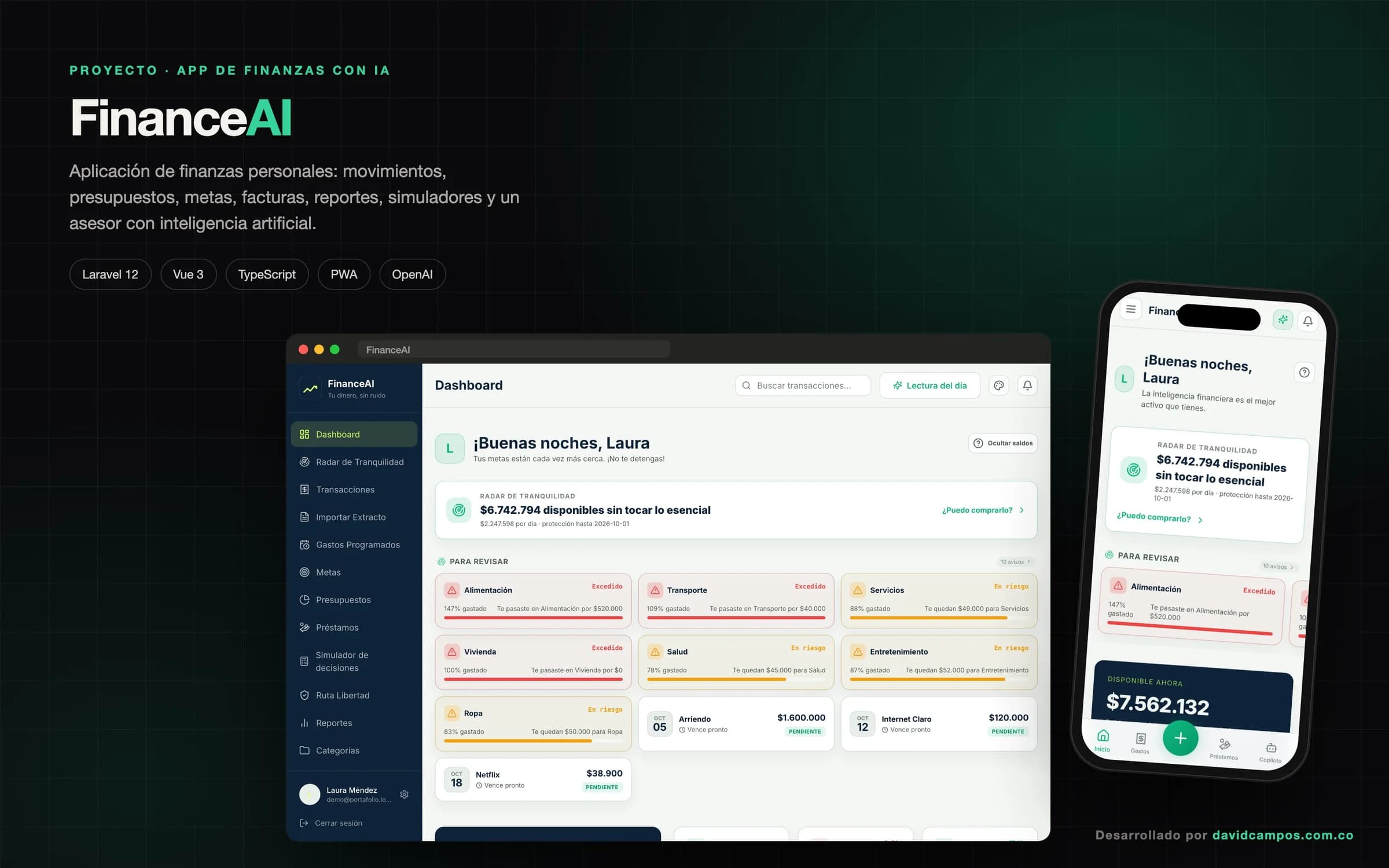 FinanceAI: tablero con el radar de tranquilidad, presupuestos por revisar y próximos pagos, también en el celular.