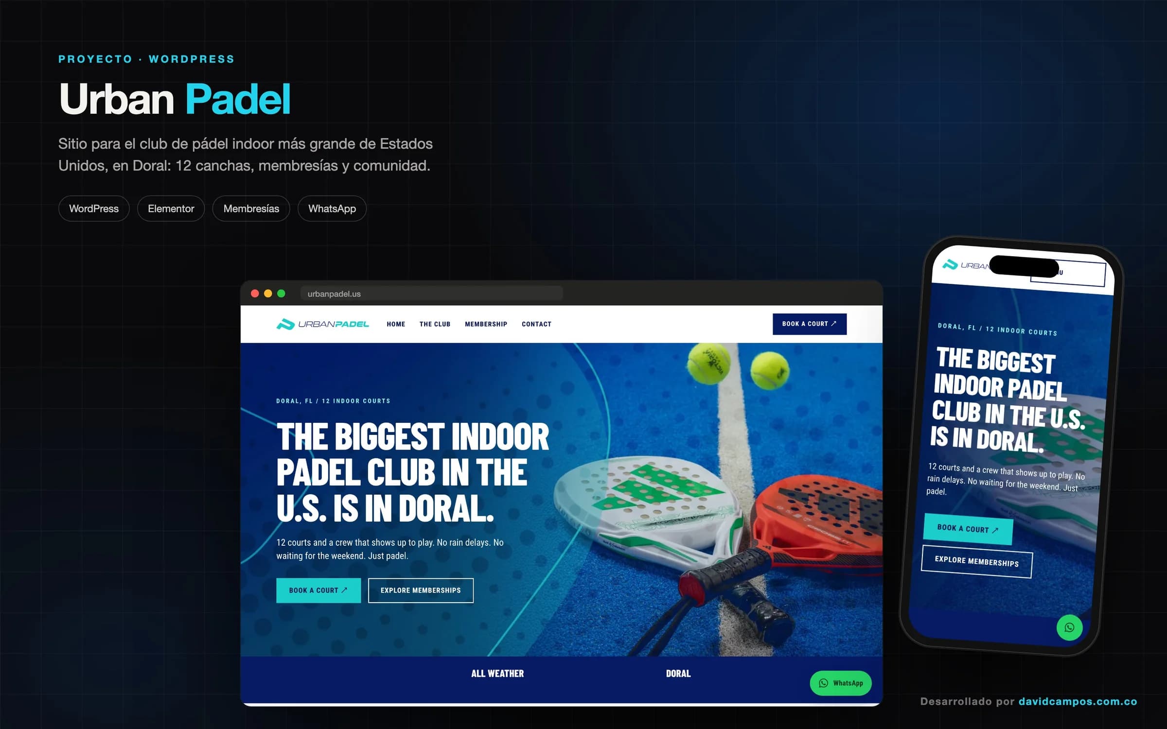 Sitio de Urban Padel en computador y celular: el club de pádel indoor más grande de Estados Unidos, en Doral.
