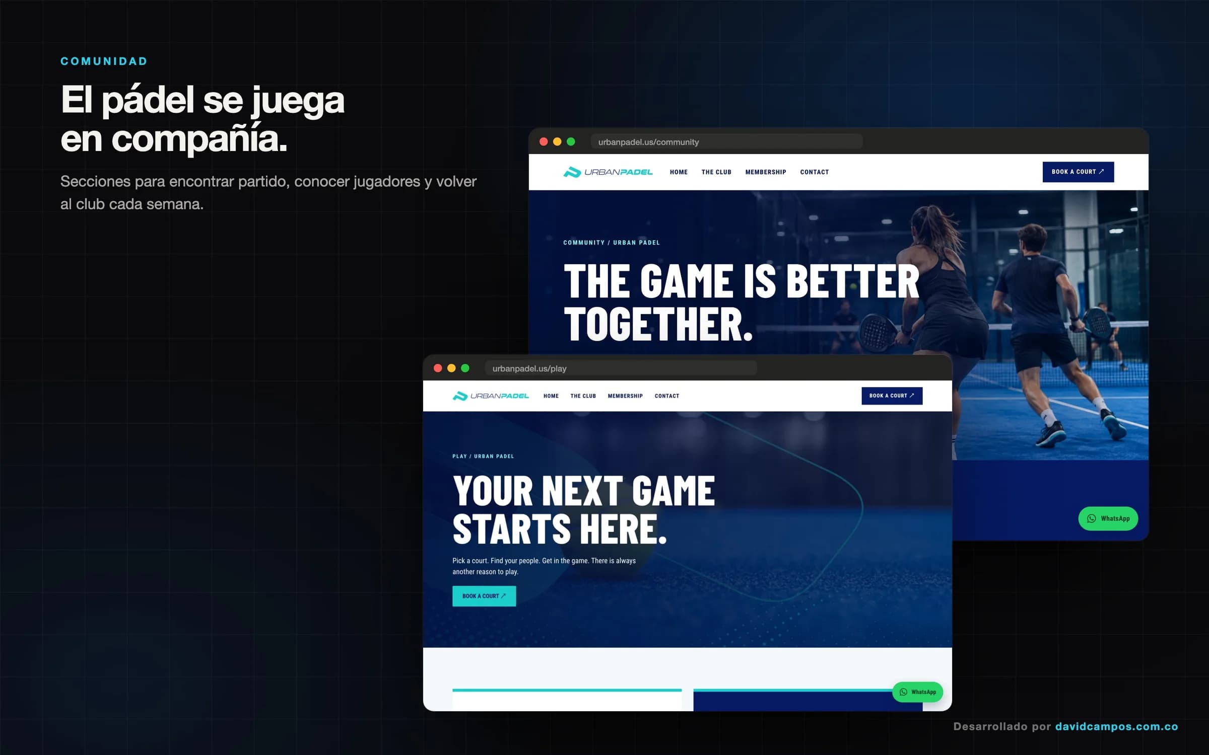 Secciones de comunidad y juego para encontrar partido y volver al club.