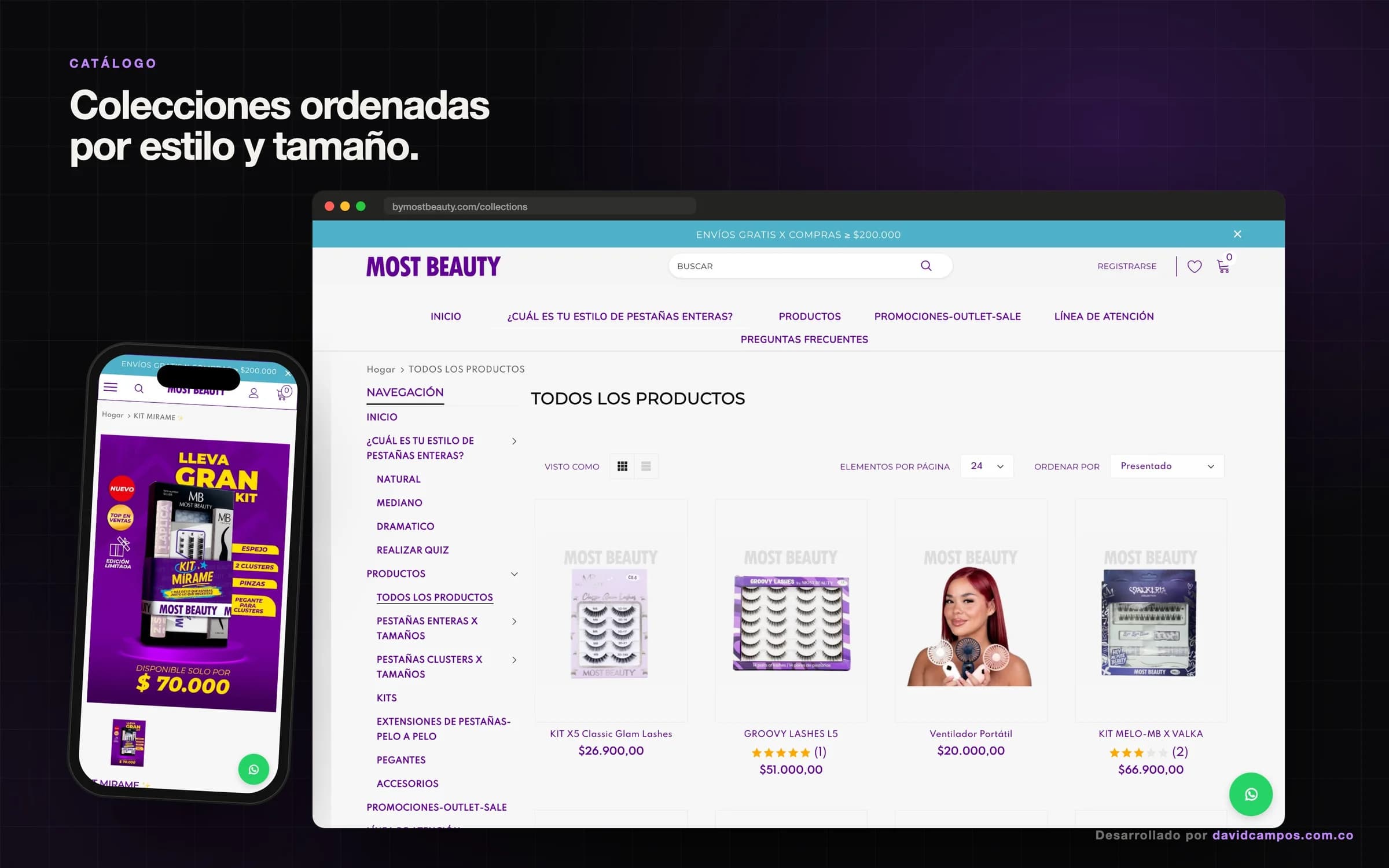 Catálogo de pestañas organizado por estilo, tamaño y tipo de producto, con precios y reseñas.