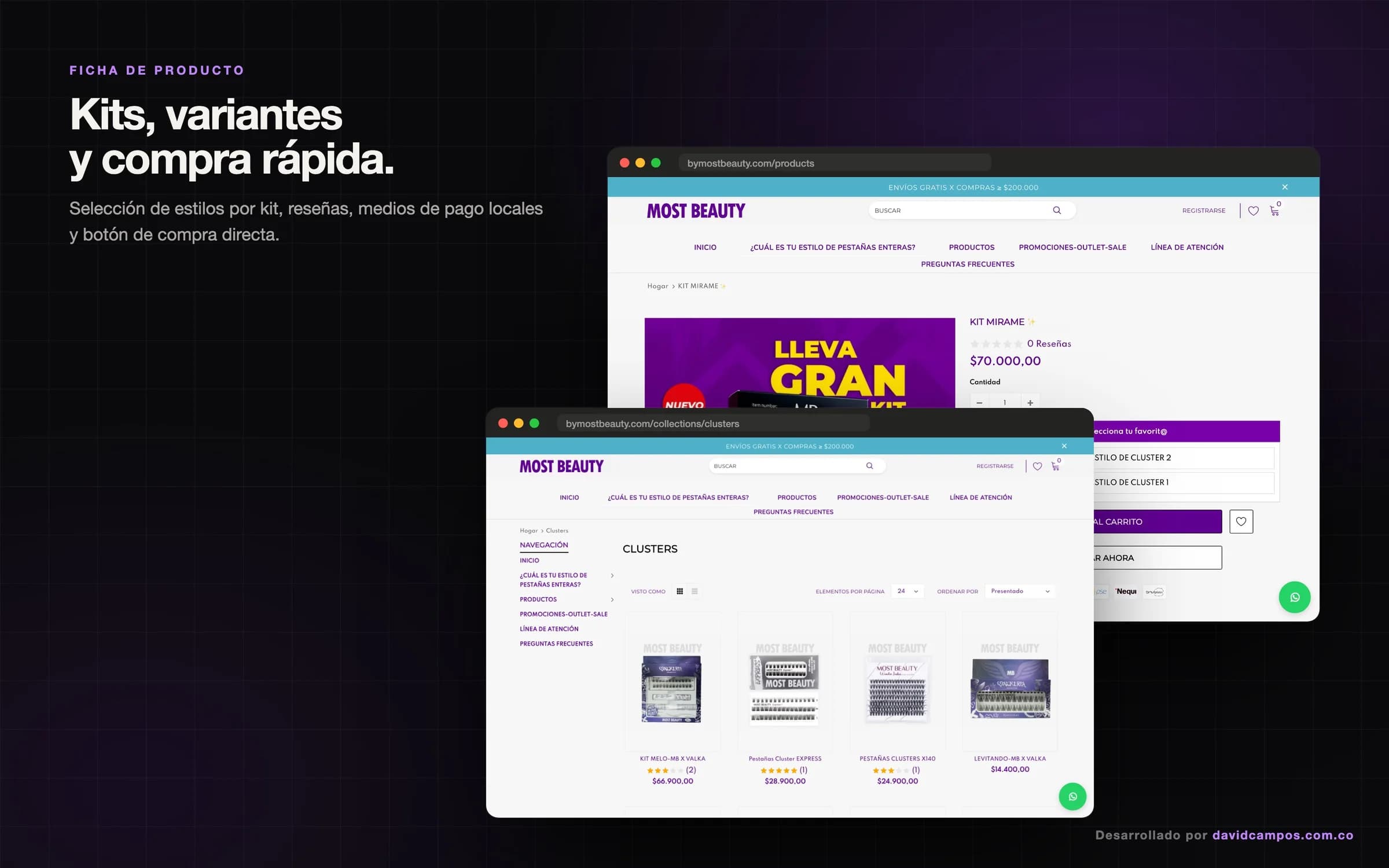 Ficha de producto con variantes por estilo, medios de pago y compra directa.