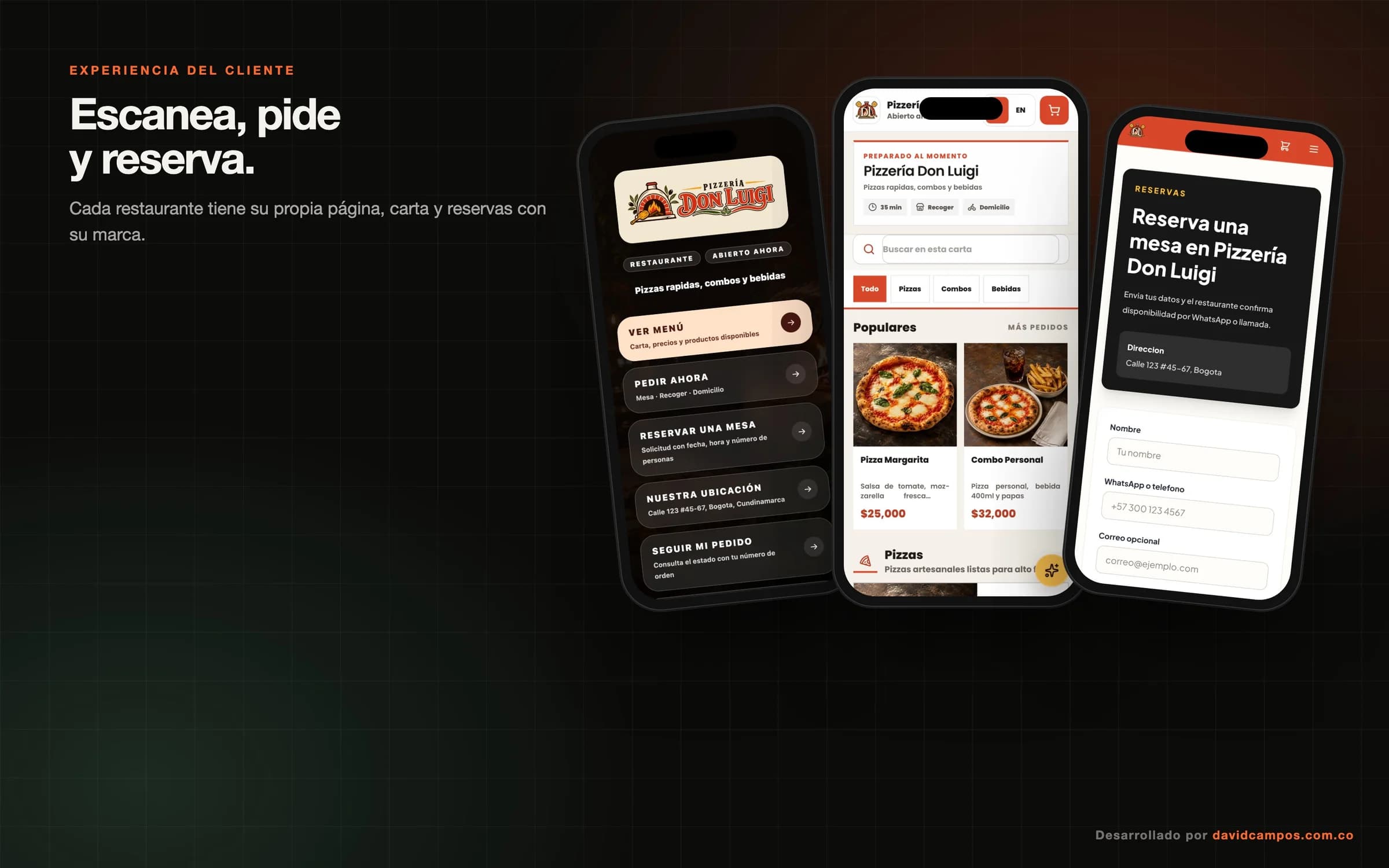 Lo que ve el cliente: la página del restaurante, la carta con fotos y las reservas desde el celular.