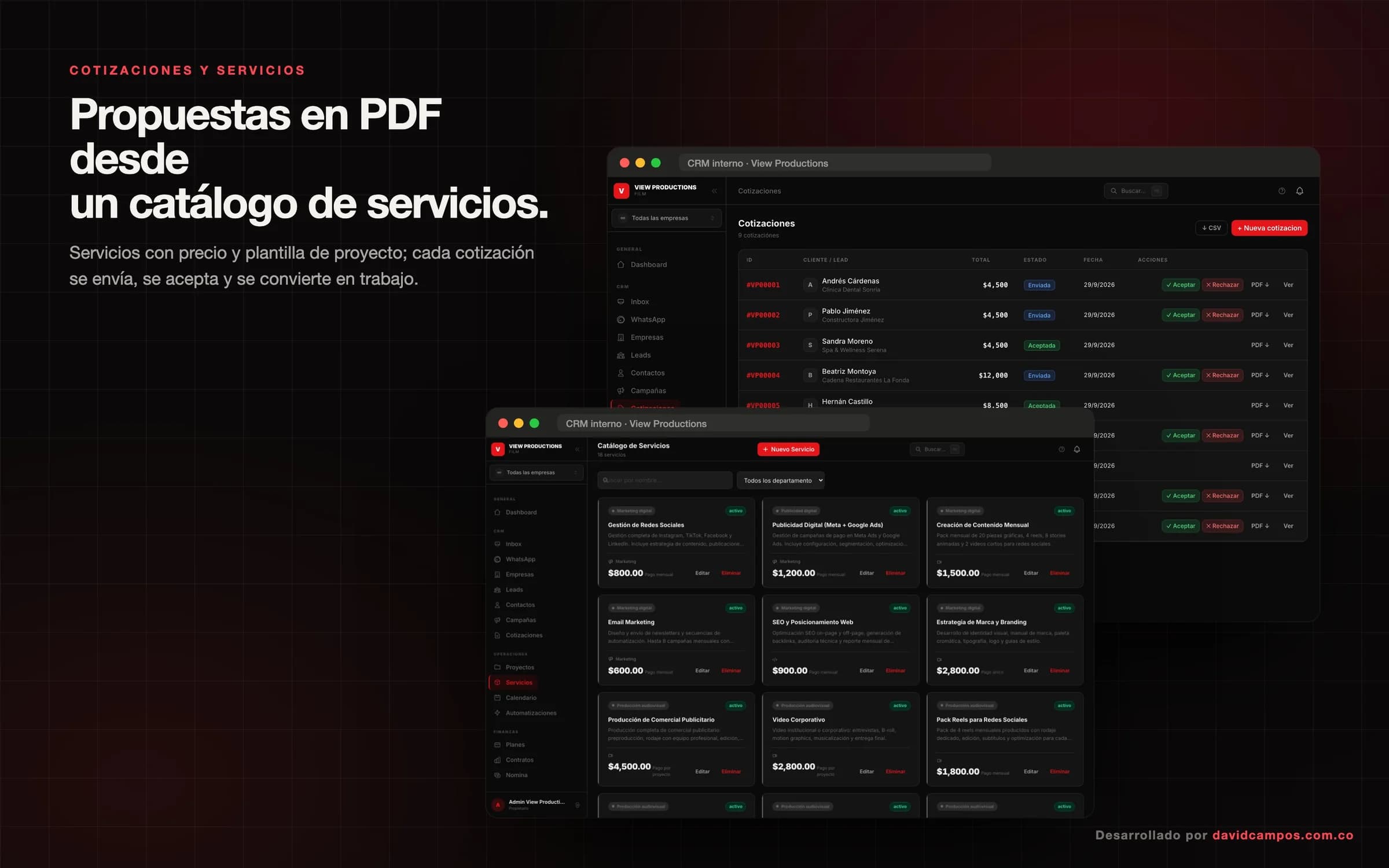 Cotizaciones en PDF generadas desde el catálogo de servicios, con su estado de envío y aceptación.
