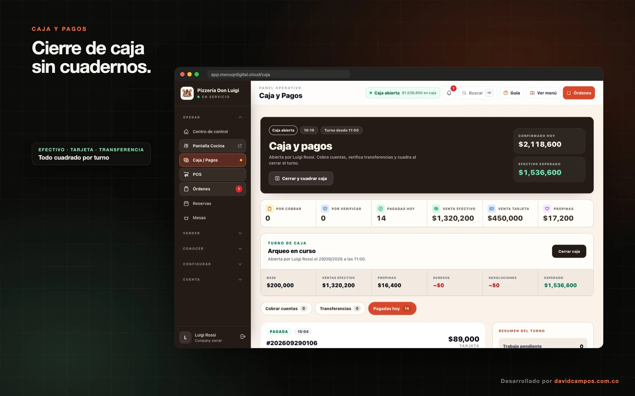 Caja y pagos: efectivo, tarjeta y transferencia cuadrados por turno, sin cuadernos.