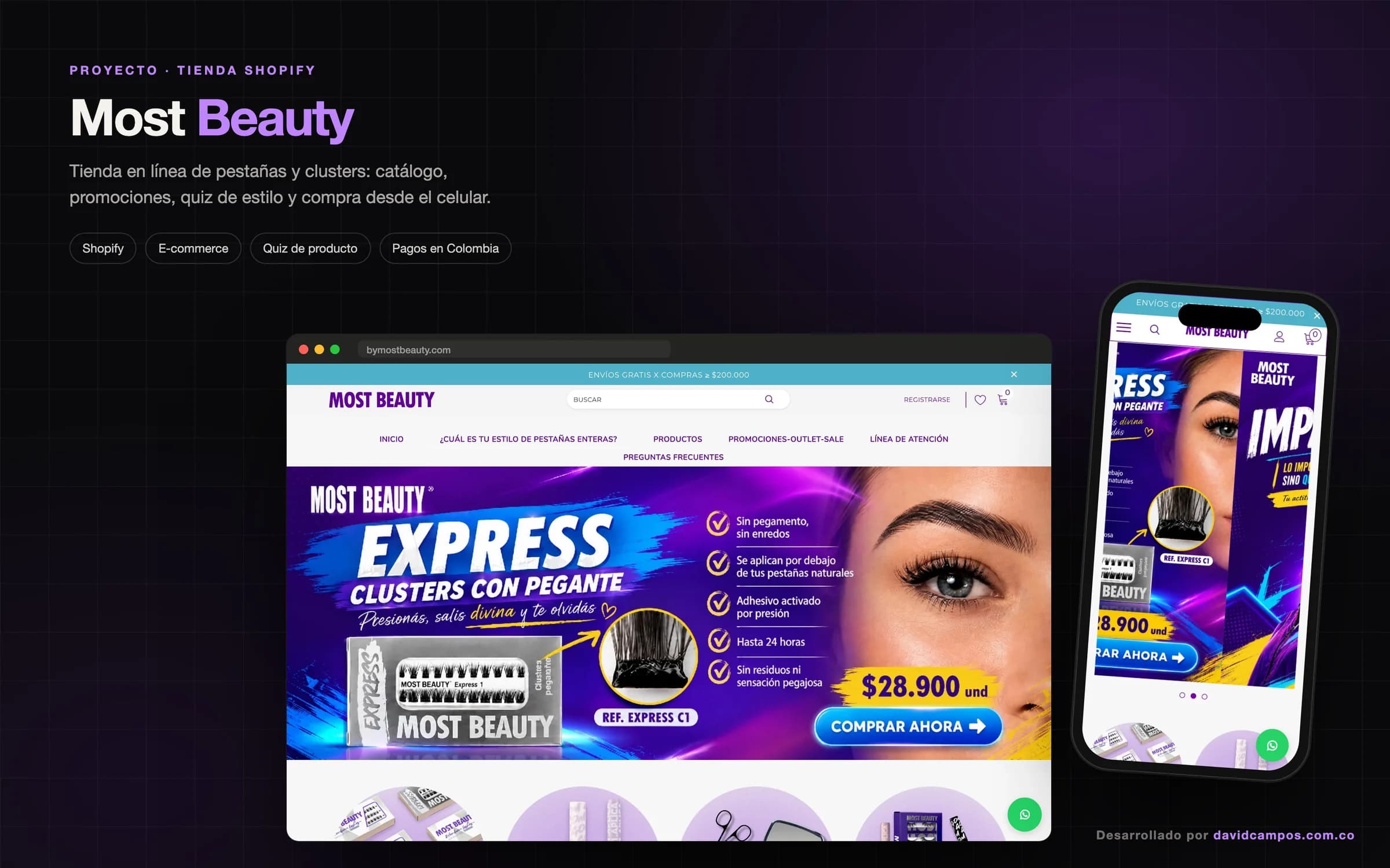 Tienda Most Beauty en computador y celular, con la promoción de clusters con pegante.