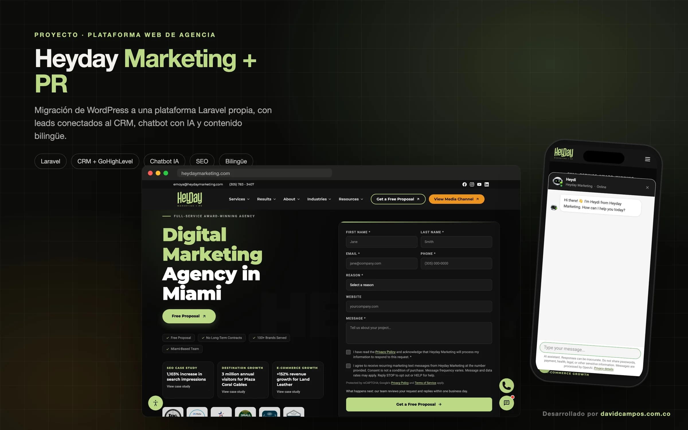 Heyday Marketing + PR: sitio en escritorio y el chatbot HeyD abierto en el celular