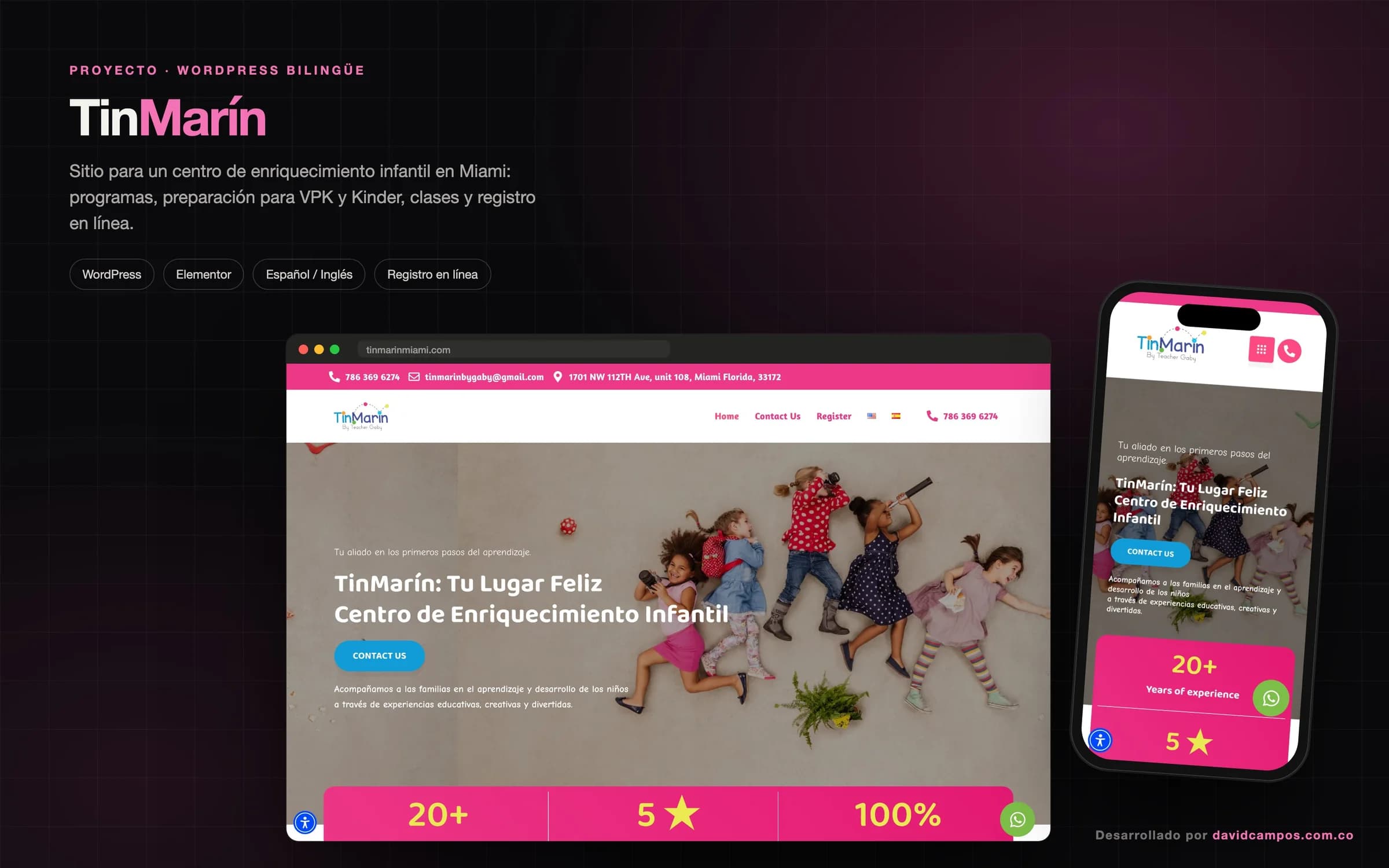 Sitio de TinMarín en computador y celular: centro de enriquecimiento infantil en Miami guiado por Teacher Gaby.