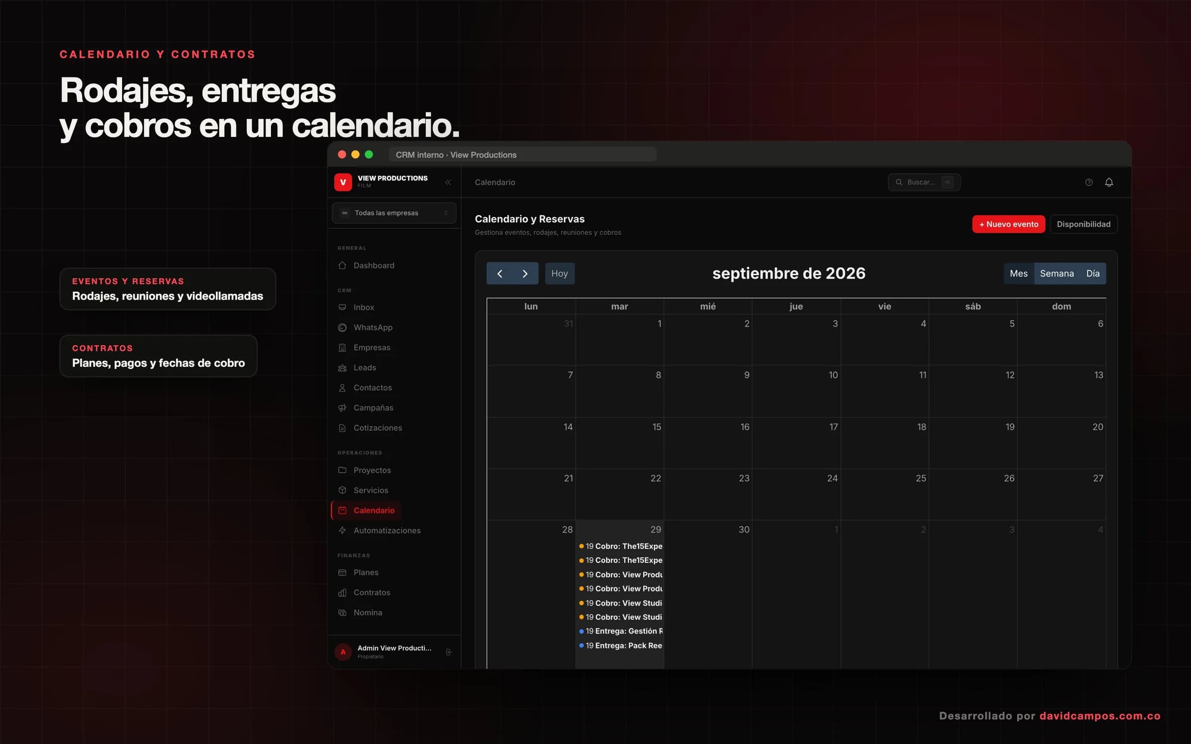 Calendario con rodajes, entregas, reuniones y fechas de cobro de los contratos.