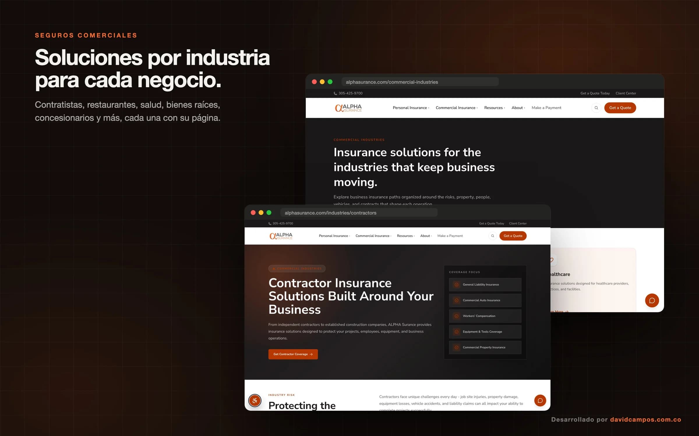 Seguros comerciales organizados por industria: contratistas, restaurantes, salud, bienes raíces y más.