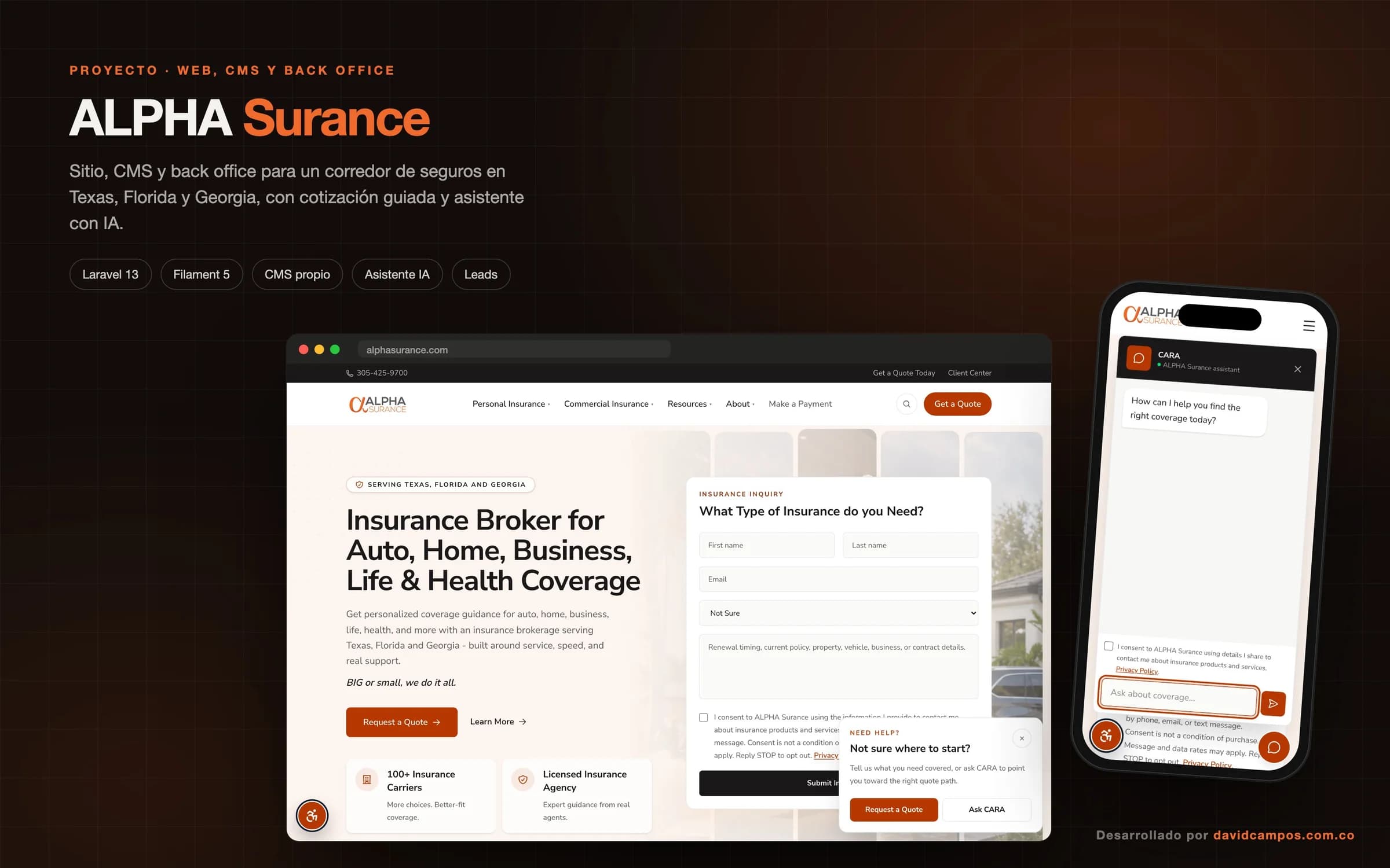 ALPHA Surance: sitio del corredor de seguros y el asistente CARA abierto en el celular