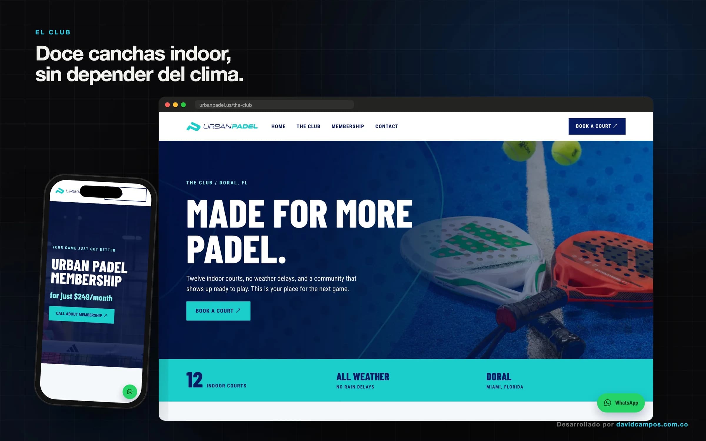 Página del club: doce canchas indoor, juego sin importar el clima y ubicación en Doral, Miami.