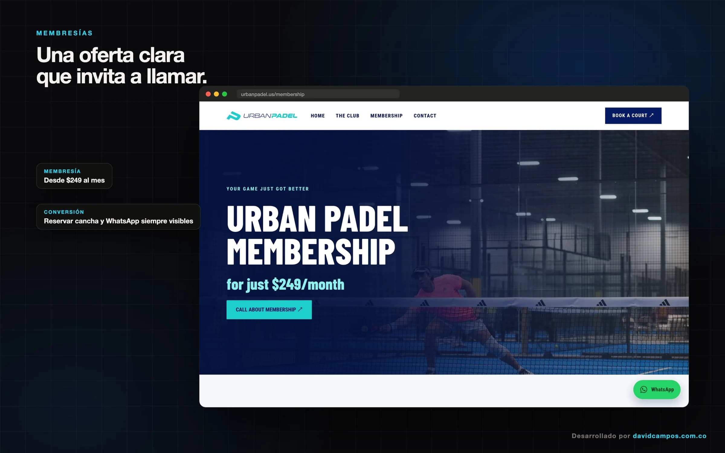 Página de membresías con el precio mensual y un llamado directo a pedir información.