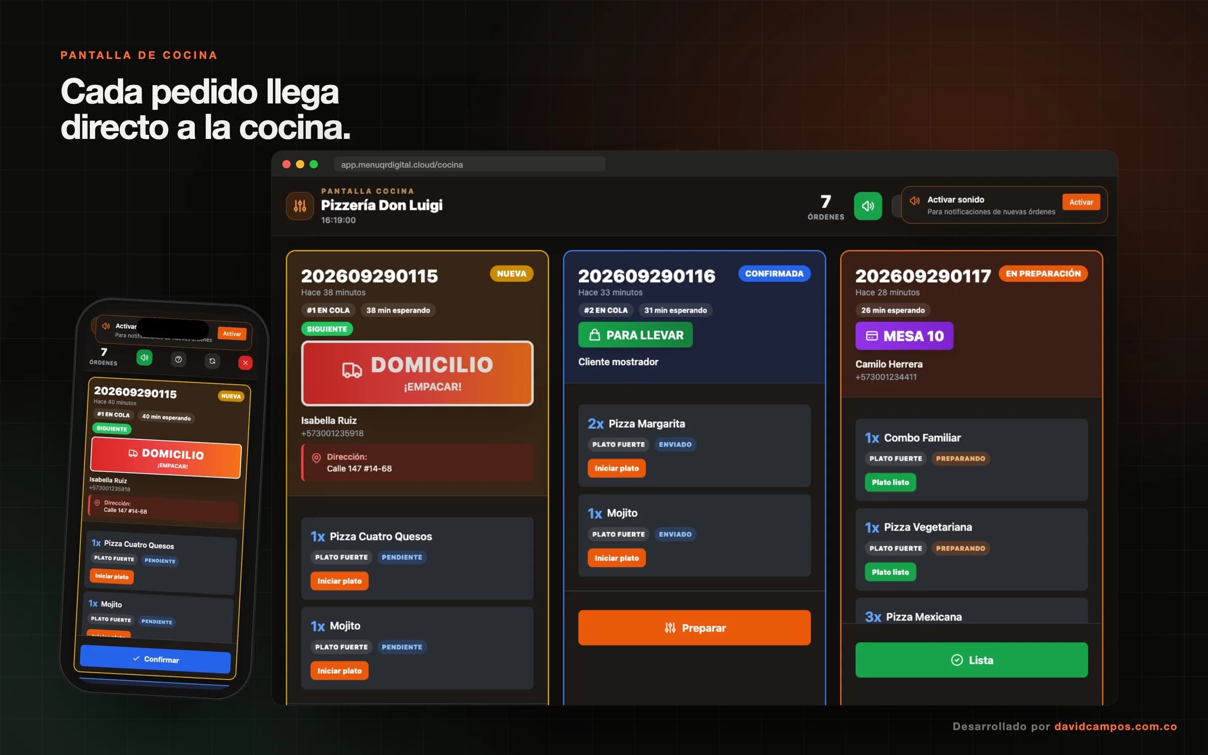 Pantalla de cocina: cada pedido llega en orden, con su tipo y el tiempo que lleva esperando.