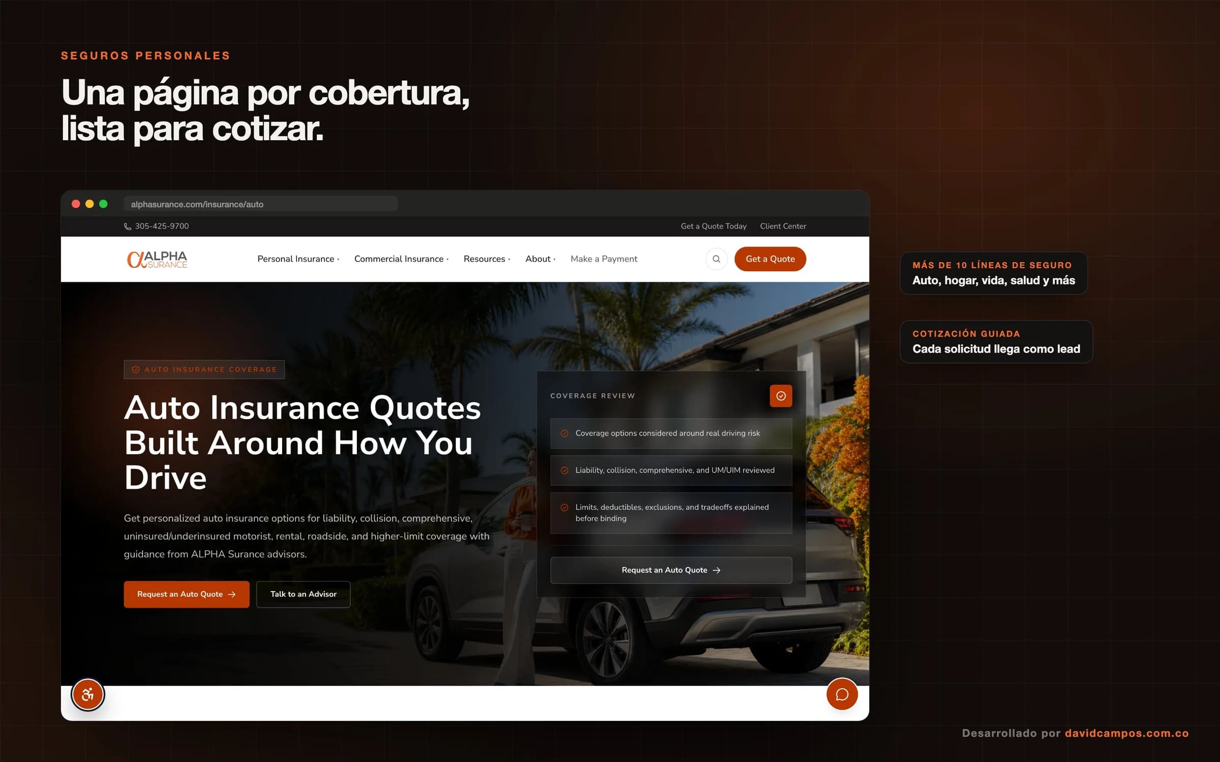 Página de cobertura de auto con resumen de coberturas y botón para pedir una cotización.