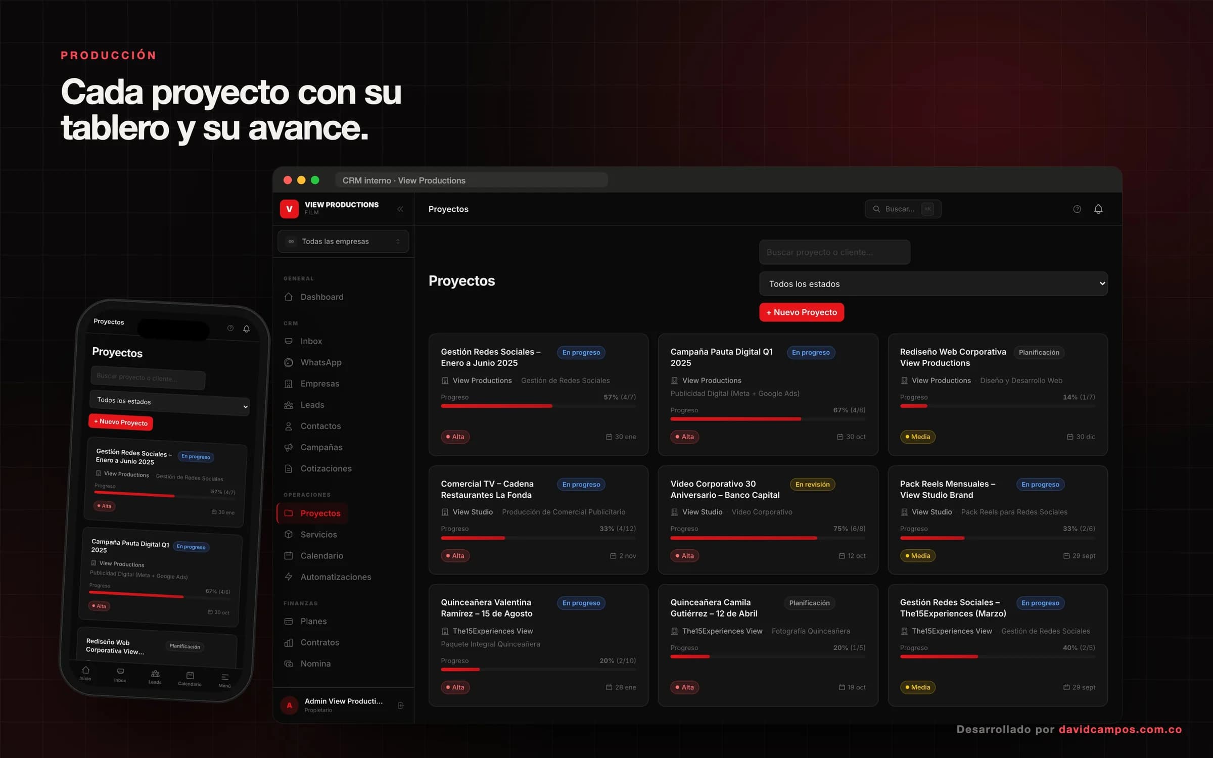 Proyectos de producción con su avance, prioridad y fecha de entrega, también desde el celular.