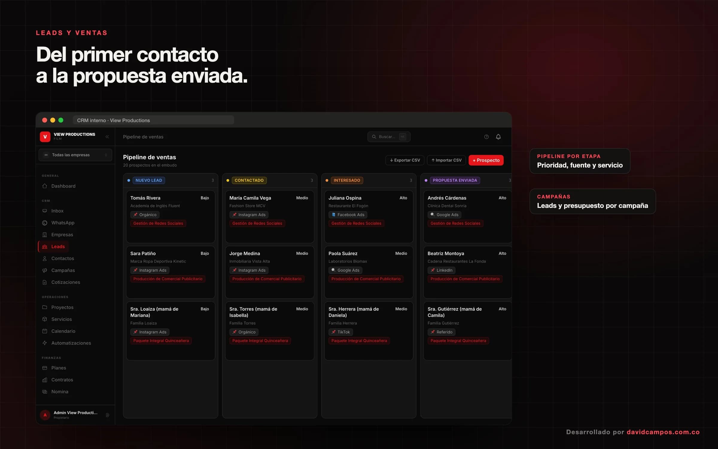 Pipeline de ventas por etapa, con prioridad, fuente del lead y servicio de interés.