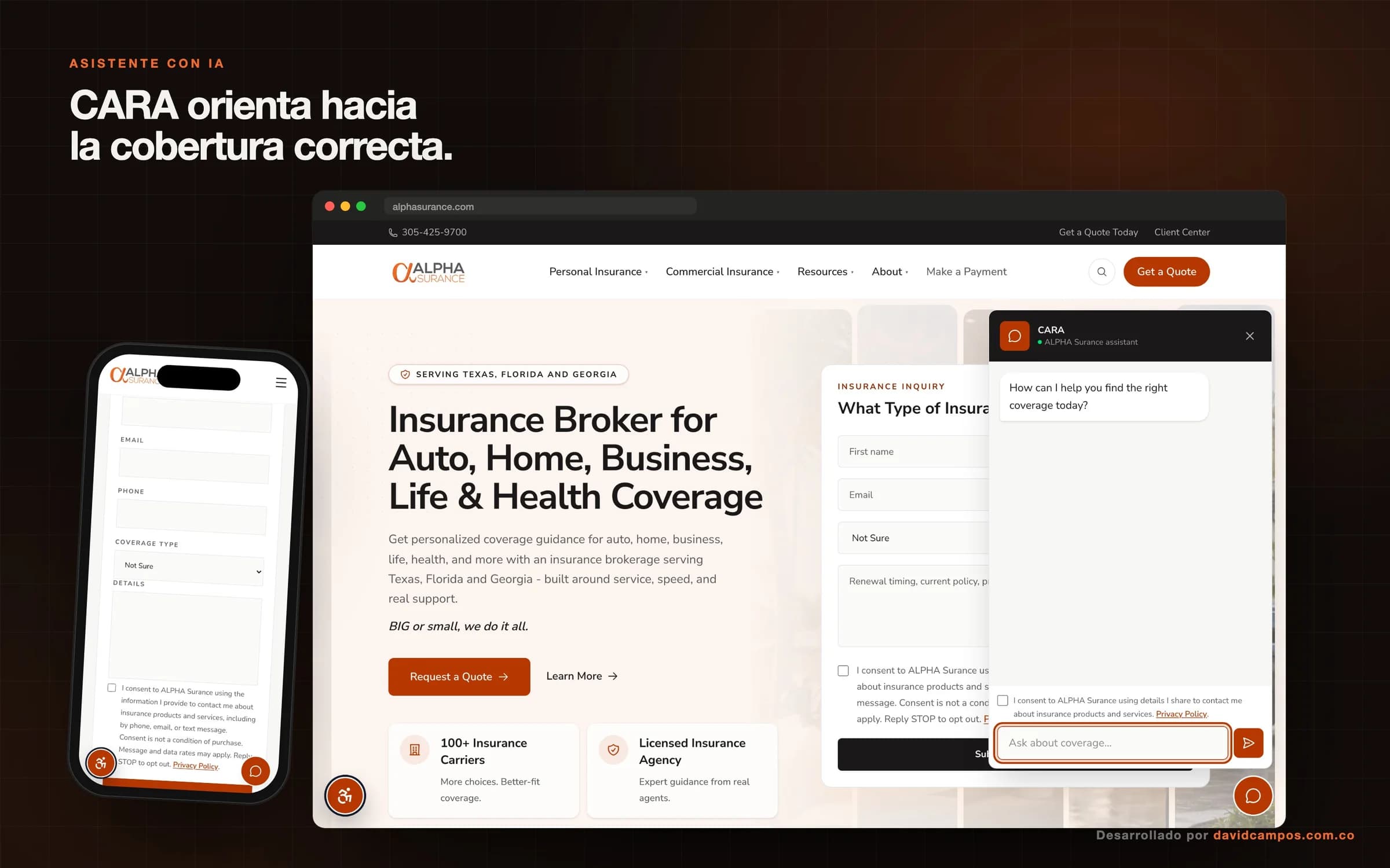 CARA, el asistente con IA, orienta al visitante y el formulario de cotización también funciona en el celular.
