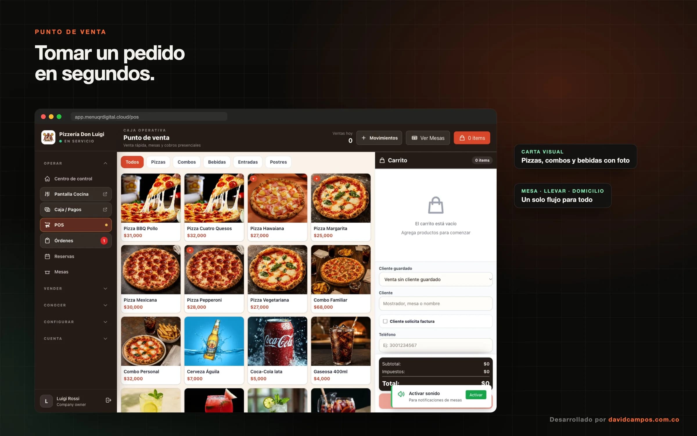 Punto de venta con la carta visual para tomar pedidos de mesa, para llevar o a domicilio en segundos.